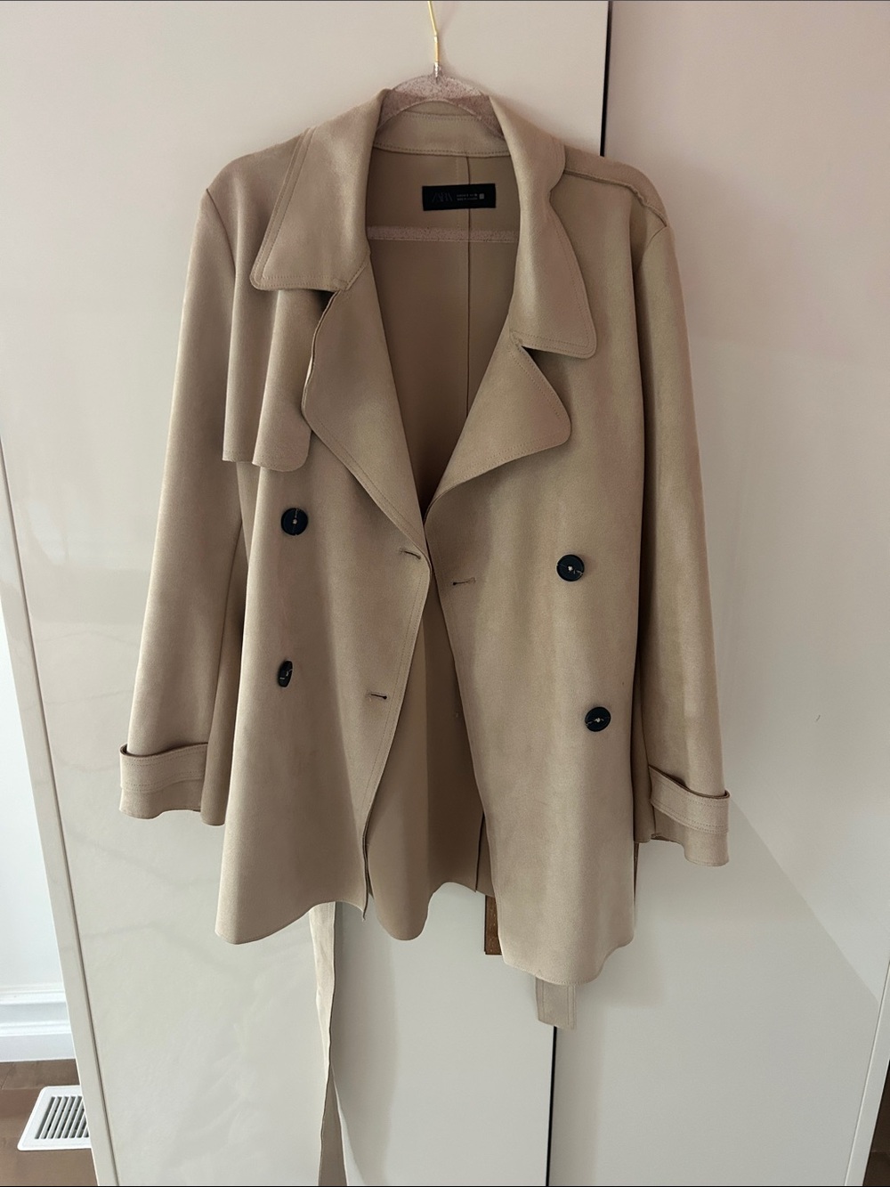 Beige Suedw Double-Breasted Women's Trench Coat